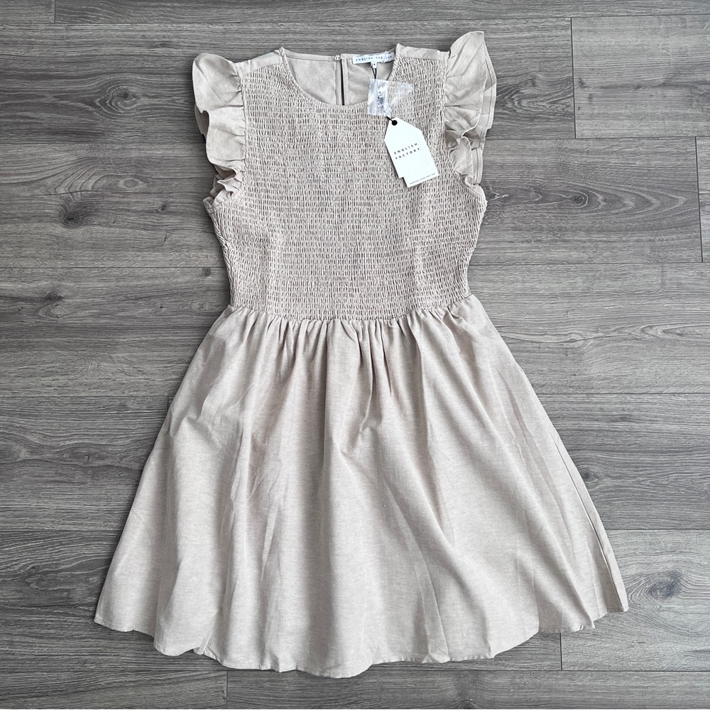 ENGLISH FACTORY Smocked Mini Dress Medium Beige Neutral Cottagecore Feminine NWT